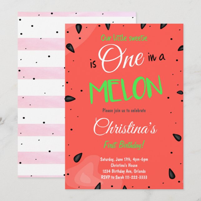 Convite para primeiro aniversario de Melancia Verm (Frente/Verso)