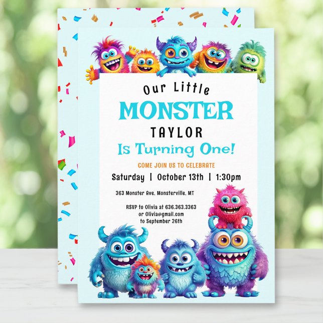Convite para primeiro aniversario de Menino Monstr (Little Monster Boy 1st Birthday Invitation)