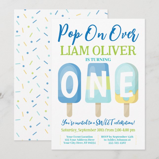 Convite para primeiro aniversario de picolé, Pop s (Frente/Verso)