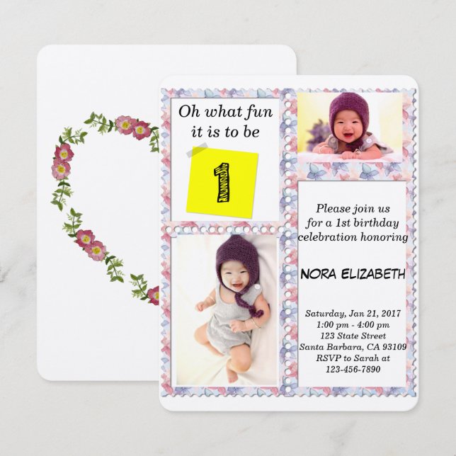 Convite para primeiro aniversario de Quadro Floral (Frente/Verso)