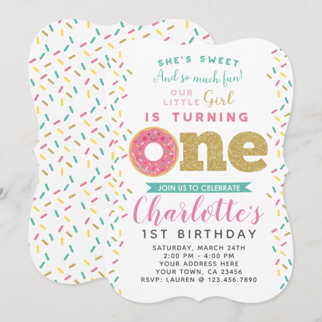 Convite para primeiro aniversario de Rosquinha (Frente/Verso)