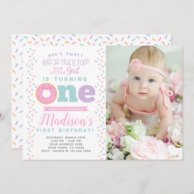 Convite para primeiro aniversario de Rosquinha com (Frente/Verso)