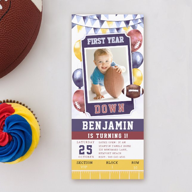 Convite para primeiro aniversario de Ticket Bright (first year down football birthday invitation photo watercolor sports ticket boy blue balloons)