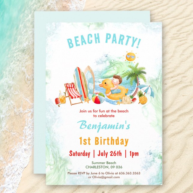 Convite para primeiro aniversario de Verão da Fest (Beach Party Summer 1st Birthday Boy Invitation)