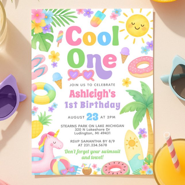 Convite para primeiro aniversario de Verão - Legal (Summer 1st Birthday Invitation - Cool One)