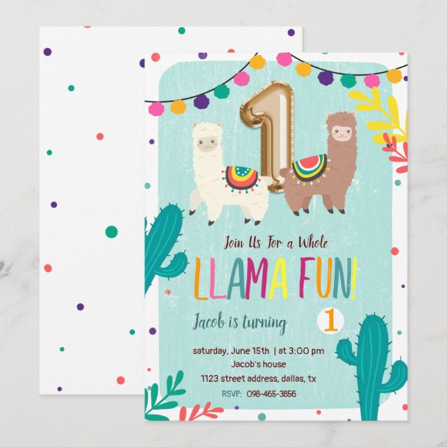 Convite para primeiro aniversario Diário Llama (Frente/Verso)