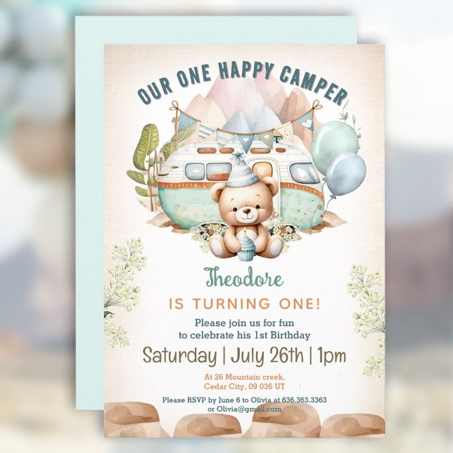 Convite para primeiro aniversario Feliz Camper Sum (Happy Camper Summer 1st Birthday Boy Invitation)