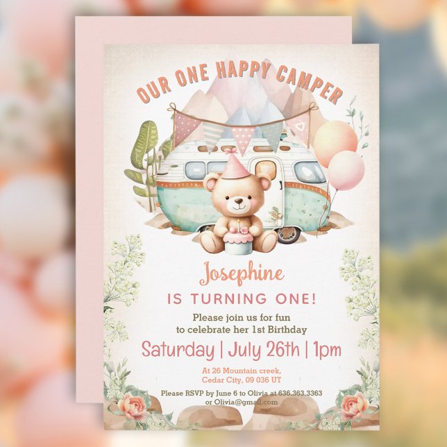 Convite para primeiro aniversario Feliz Camper Sum (Happy Camper Summer 1st Birthday Girl Invitation)