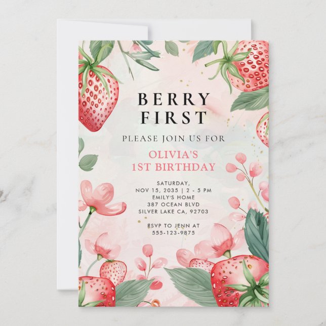 Convite para primeiro aniversario Floral Berry Fir (Frente)