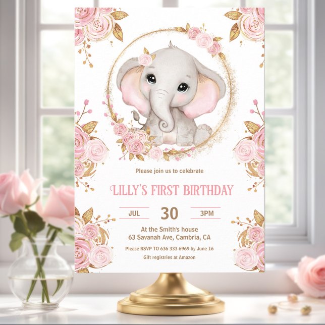 Convite para primeiro aniversario Floral Rosa-Rosa (Elephant Girl Pink Floral 1st Birthday Invitation)