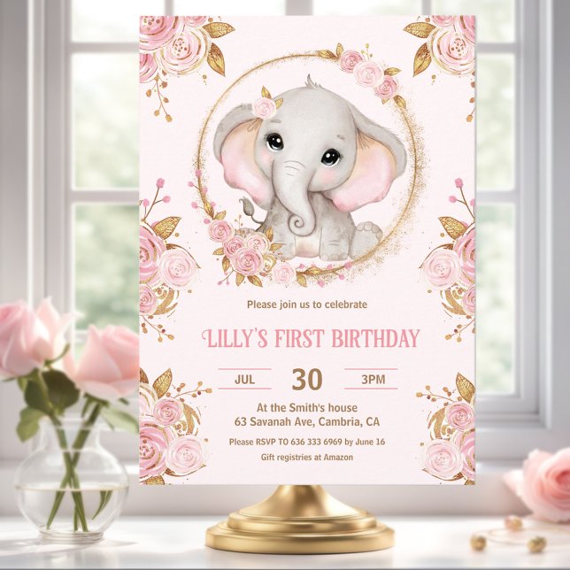 Convite para primeiro aniversario Floral Rosa-Rosa (Elephant Girl Pink Floral 1st Birthday Invitation)