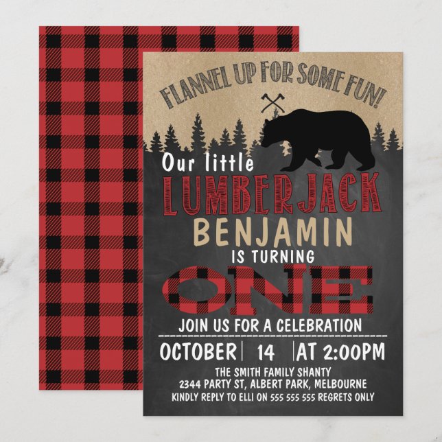 Convite para primeiro aniversario Lumberjack de Qu (Frente/Verso)