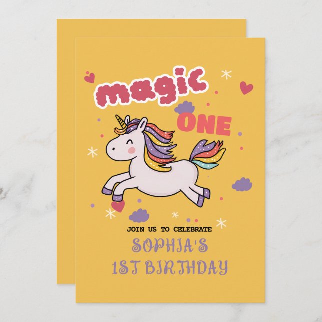 Convite para primeiro aniversario Magical Unicorn (Frente/Verso)