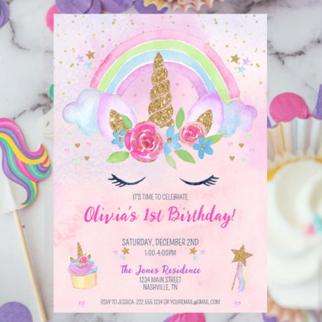 Convite para primeiro aniversario Magical Unicorn  (Pink Magical Unicorn Rainbow 1st Birthday Party Invitation, Pastel Unicorn Party, Girl Birthday)