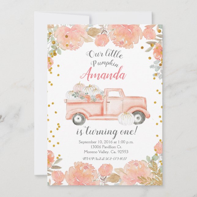 Convite para primeiro aniversario Pastel Pumpkin (Frente)