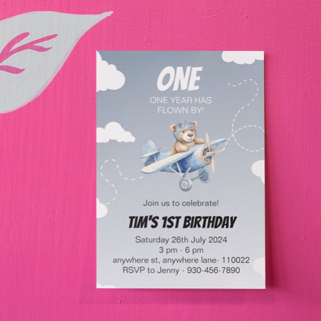 Convite para primeiro aniversario Piloto de Urso d (cute airplane 1st birthday card)