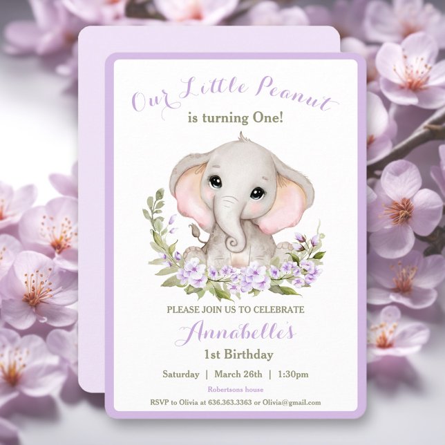 Convite para primeiro aniversario Roxo de Elefante (Cute Elephant Purple 1st Birthday Girl Invitation)