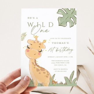 Convite para primeiro aniversario Wild One Giraffe