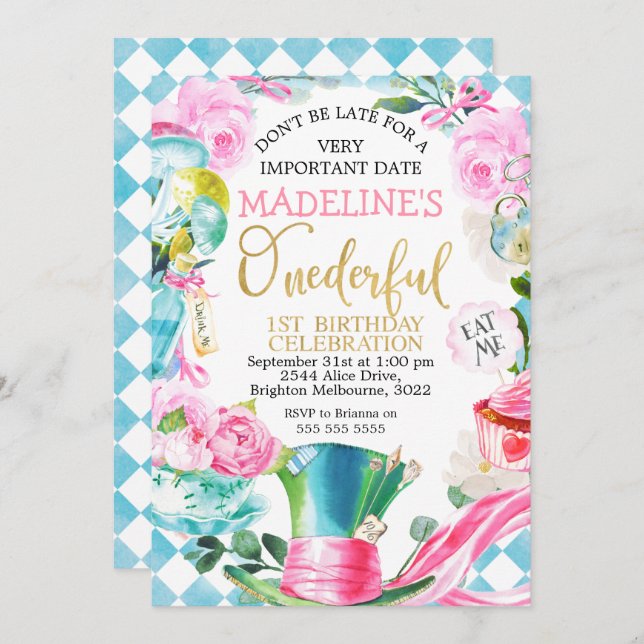 Convite para primeiros aniversarios Alice Onemagis (Frente/Verso)