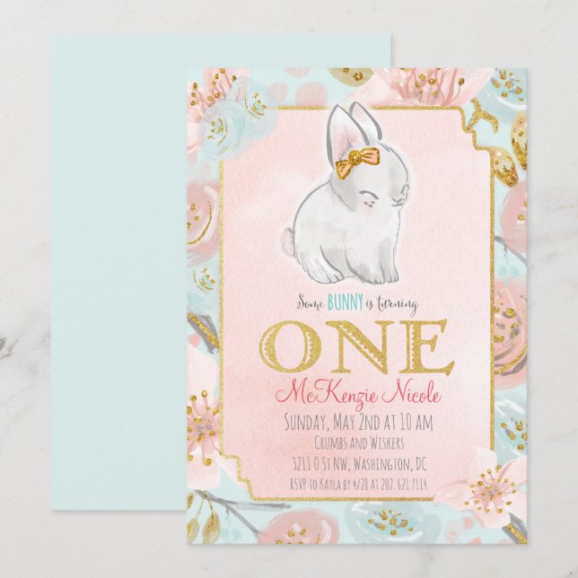 Convite para primeiros aniversarios Bunny (Frente/Verso)