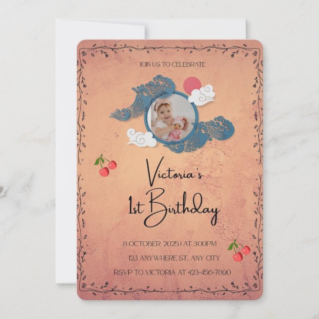 Convite para primeiros aniversarios | Cherry Theme (Frente)