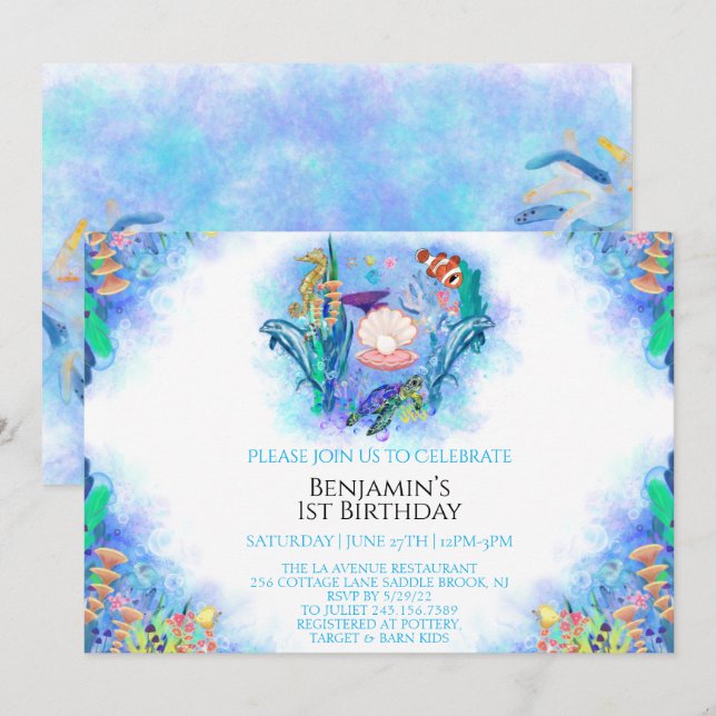 Convite para primeiros aniversarios de animais mar (Frente/Verso)