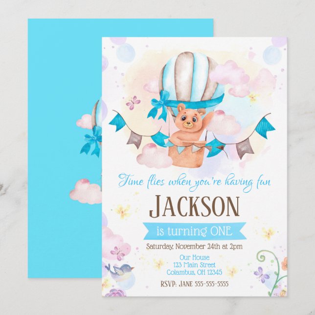 Convite para primeiros aniversarios de balão de ar (Frente/Verso)