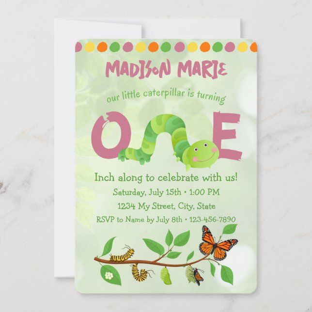 Convite para primeiros aniversarios de lagartas (Frente)