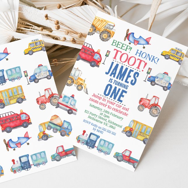 Convite para primeiros aniversarios de Transporte  (Colorful modern transport 1st birthday invitation featuring various vehicles and colorful text. )