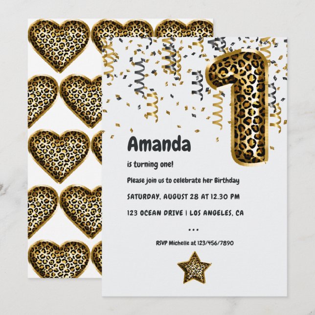 Convite para primeiros aniversarios Leopard Balloo (Frente/Verso)