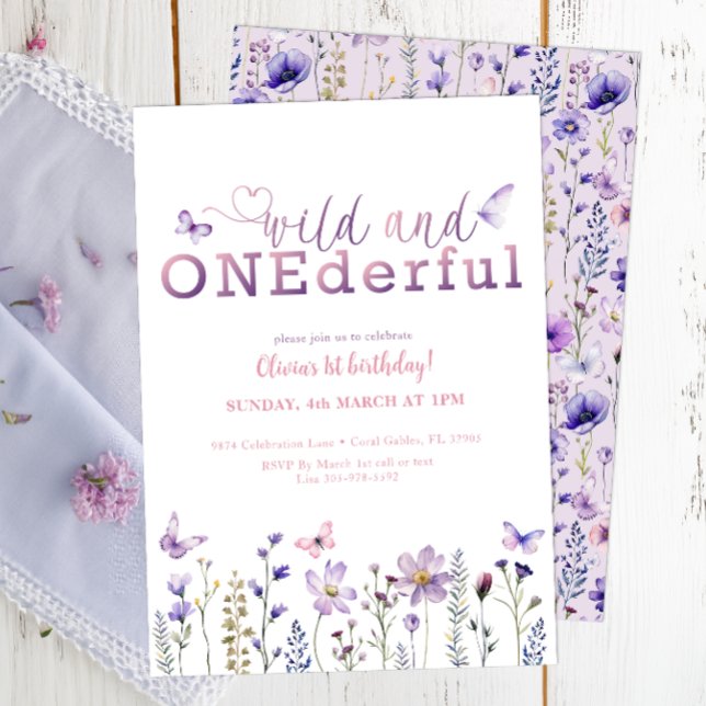 Convite para primeiros aniversarios Wild e ONEmagn (Purple Wildflower 1st Birthday Invitation)