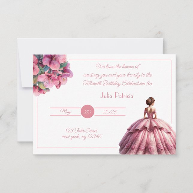 Convite para Princesa Cinzenta Rosa Quinceañera (Frente)