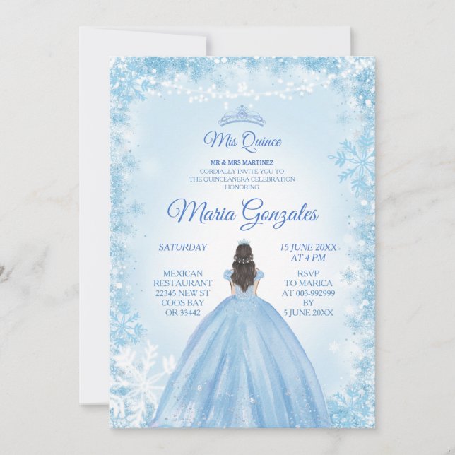 Convite para Princesa de Natal Azul Quinceanera (Frente)