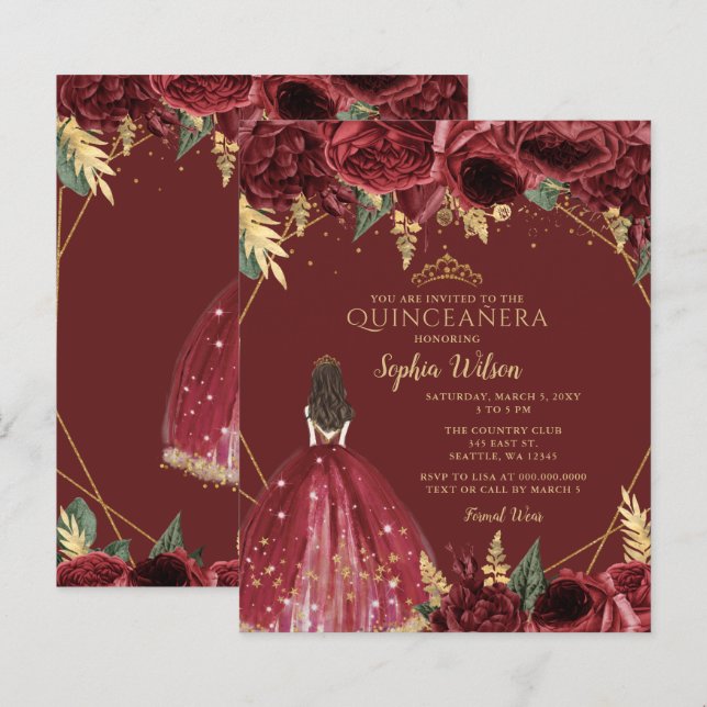Convite para Princesa Quinceañera, Burgundia de Or (Frente/Verso)