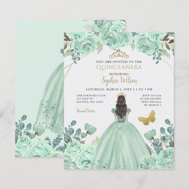 Convite para Princesa Quinceañera, Dourada de Casa (Frente/Verso)