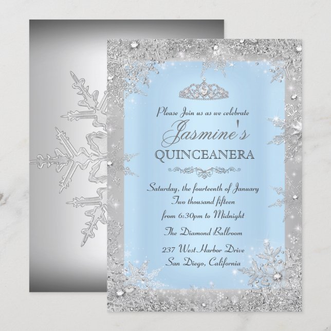 Convite para Quinceanera Azul de Inverno Prateado (Frente/Verso)