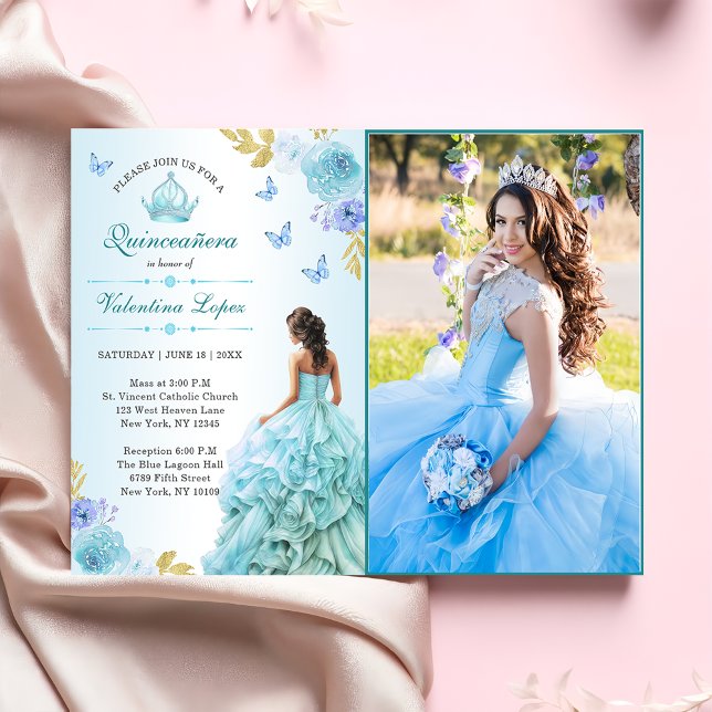 Convite para Quinceañera Azul Escamudo Elegante (Criador carregado)