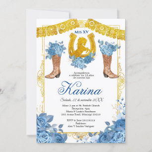 Convite para Quinceanera Blue Rosa mexicano Charra