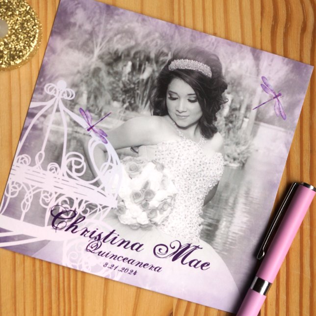 Convite para Quinceañera, Carruagem de Cavalo Roxo (Whimsical purple quinceanera invitation with princess horse carriage)