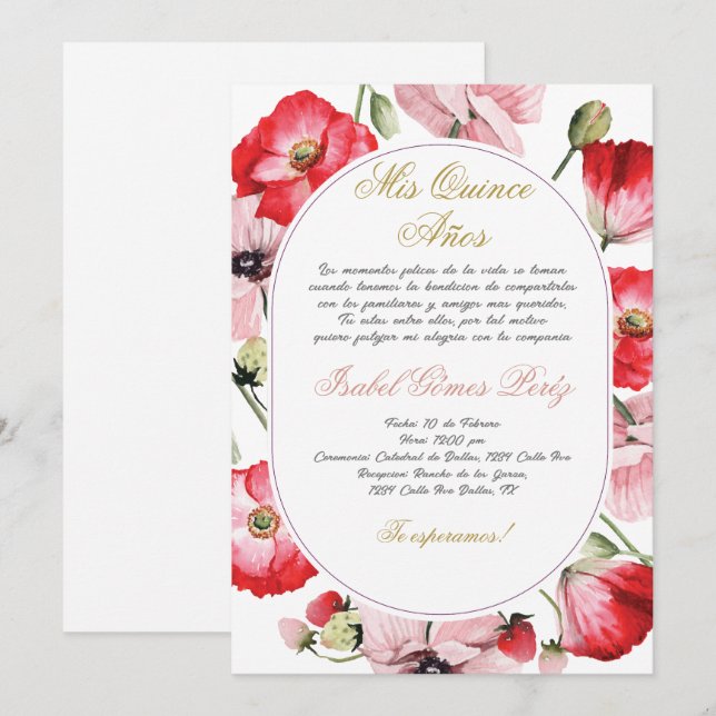 Convite para quinceanera, de flor vermelha e rosa (Frente/Verso)