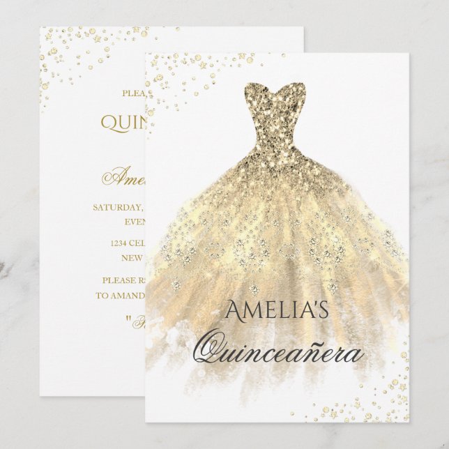 Convite para Quinceanera de Vestido Dourado (Frente/Verso)