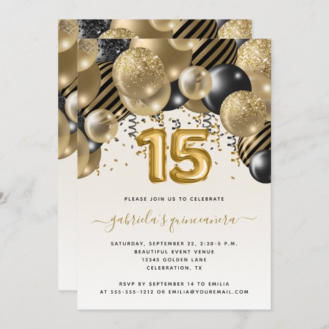 Convite para Quinceañera Dourada Arca-Balão (Frente/Verso)