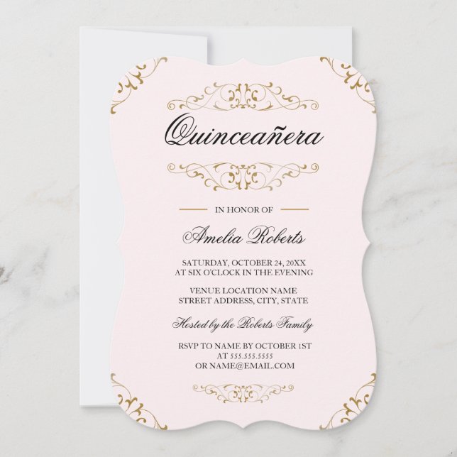 Convite para Quinceanera, Dourado e Rosa, de Farin (Frente)