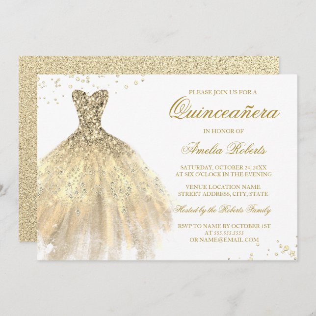 Convite para Quinceanera, Dourado Vestido Sparkle (Frente/Verso)