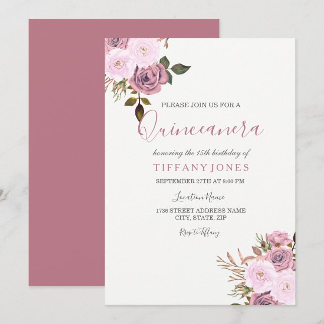Convite para Quinceanera Elegante, cor-de-rosa e R (Frente/Verso)