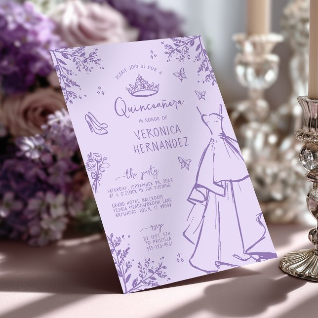 Convite para Quinceanera, Escribble de Lavanda Ele (Shown on a 5" x 7" invitation)