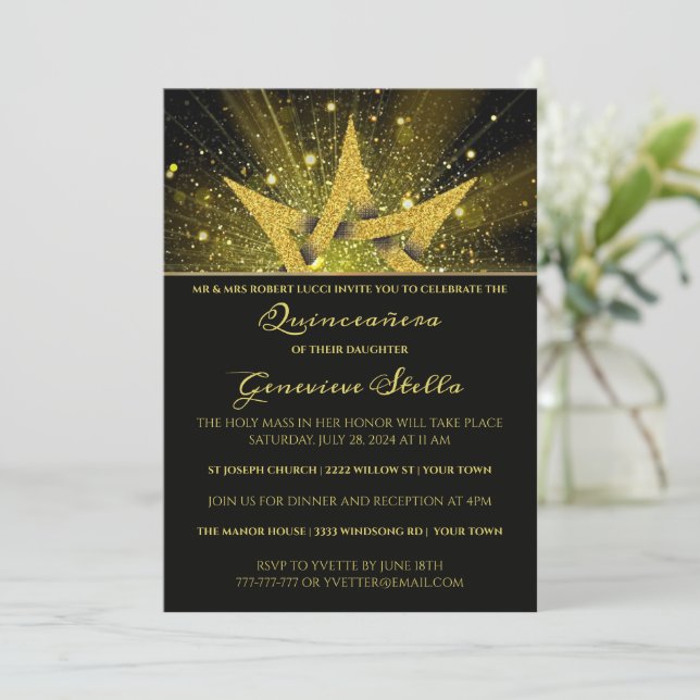 Convite para Quinceanera Estrela Dourada Glitter (Em pé/Frente)
