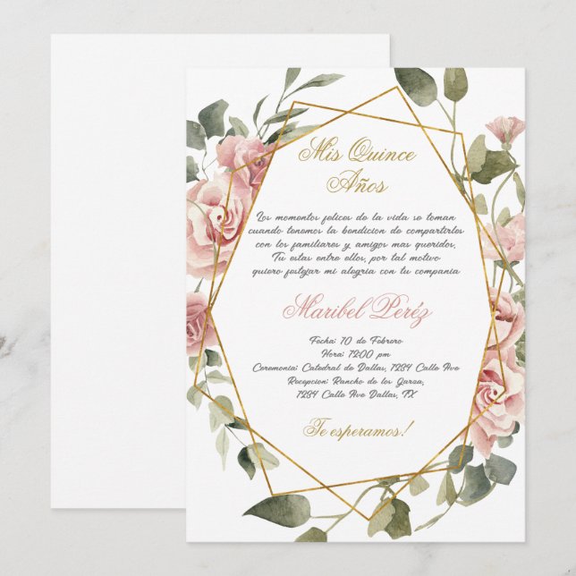 Convite para quinceanera, flor rosa (Frente/Verso)