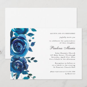 Convite para Quinceañera Floral Azul Elegante