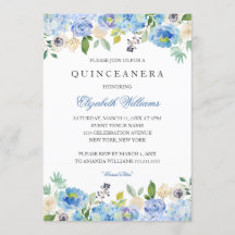 Convite para Quinceanera Floral Azul Elegante